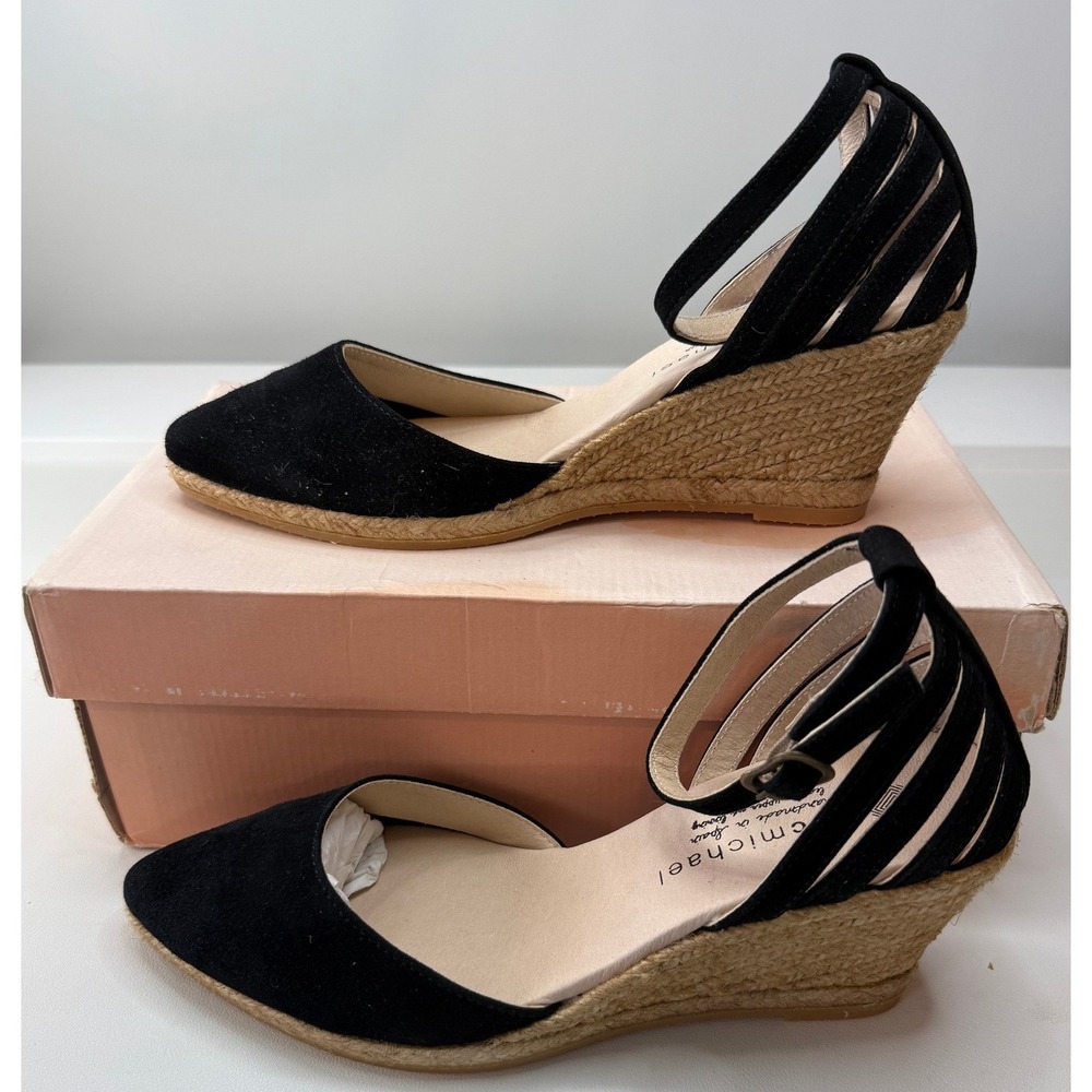 Eric Michael Thora Vera Black Suede Espadrille Wedge Sandals Spain Womens 39 NEW